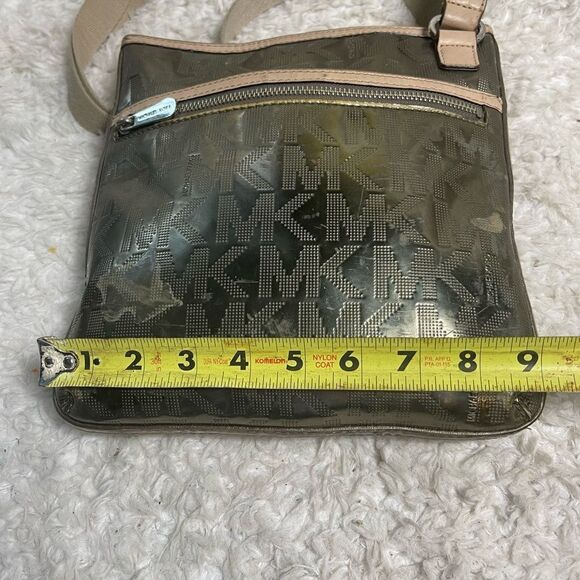 MICHAEL KORS  MIRROR METALLIC LOGO  metallic gold crossbody bag tan leather trim - Picture 16 of 16
